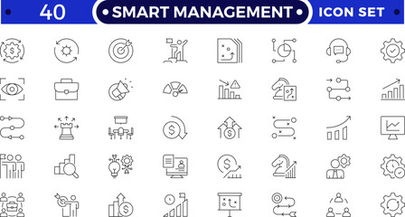 Smart management and organization icon set featuring planning, teamwork, leadership, HR, and project strategy symbols. Ideal for corporate, business, training, workflow, and productivity designs.