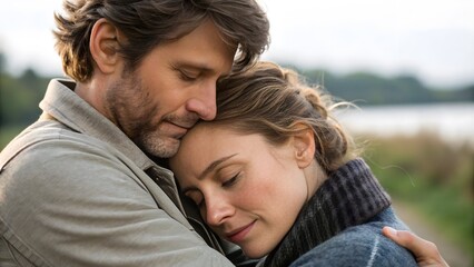 Intimate Hug: Close-Up Man & Partner in Emotion. Man embracing partner, tight focus on faces and hands—tender human beauty moment.