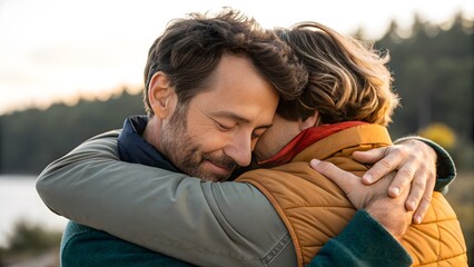 Intimate Hug: Close-Up Man & Partner in Emotion. Man embracing partner, tight focus on faces and hands—tender human beauty moment.