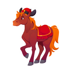 Cartoon horse character, Chinese lunar new year animal. Isolated vector 2026 zodiac symbol with bright mane dressed in traditional red and gold Asian attire, wearing a festive hat and horsecloth