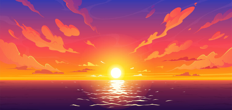 Cartoon anime sunset sky and sea landscape vector background of setting sun below ocean water horizon with pink clouds. Anime manga comic book sunset sky background, sea nature and evening beach scene
