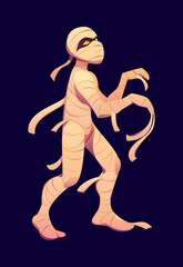 Cartoon Halloween egyptian mummy character. Vector mummy in cute zombie costume with swathe. Fun children comic game pharaoh walk. Body and face with roller bands for horror game, funny party