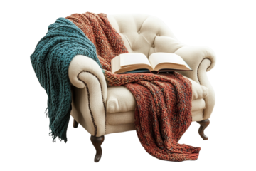 Cozy armchair with a book and knitted throws invites relaxation and reading in a comfortable space on transparent background