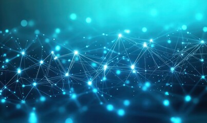 Fototapeta premium Abstract digital network with glowing interconnected nodes and lines on a blue gradient background conveying data flow and connectivity