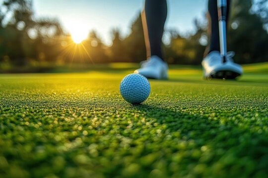 Close-up of a golf ball on the green with a golfer preparing to putt at sunset, peaceful outdoor setting with soft sunlight and blurred background