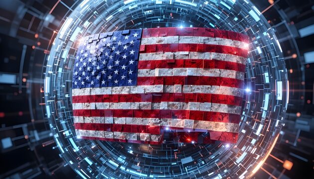 A futuristic 3D render of the American flag, presented as a solid, slightly curved object composed of textured, weathered metallic blocks or tiles. The flag is centered within a dark digital environme