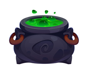 Cartoon witch cauldron, Halloween magic pot with green bubbling potion and handles. Isolated vector steel boiler with boiling magic brew. Scary evil kettle with poison for wizard, sorceress or mage