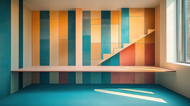 Minimalist modern interior with vibrant geometric wall panels in shades of blue, orange, and beige, featuring a floating desk and natural light from a large window