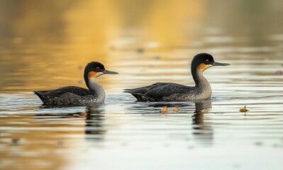 Two dark-colored water birds swimming calmly on reflective water with gentle golden light and scattered leaves around