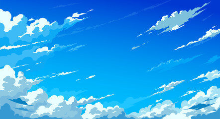 Fototapeta premium Cartoon blue anime manga sky background filled with layered clouds in motion and sun lights. Vector anime manga sunny summer day sky nature landscape with cumulus clouds floating in clear blue air