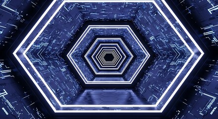Cyberpunk hexagon corridor with glowing light, futuristic concept design