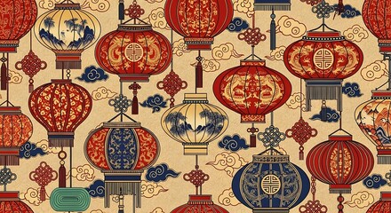 Elegant chinese lantern seamless pattern with clouds and traditional knots