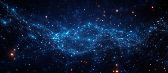 Abstract visualization of interconnected blue glowing nodes and lines forming a network pattern with scattered orange particles on a dark background evoking futuristic and dynamic energy