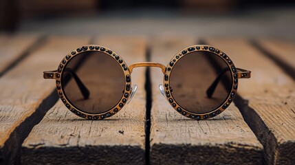 Round vintage-style sunglasses with studded frames placed on rustic wooden surface conveying a retro and stylish vibe