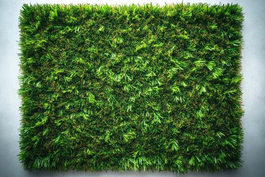 close-up view of a rectangular patch of dense green grass with varied shades and textures on a light surface