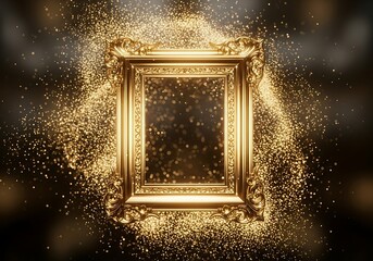 Opulent gilded frame radiating celestial particles in dark expanse