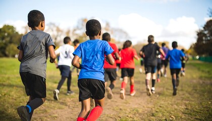 Obraz premium A group of children in athletic attire run across a grassy field on a sunny day, backs to the camera