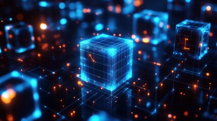 Glowing translucent blue digital cubes interconnected with glowing orange data points in a futuristic technology network