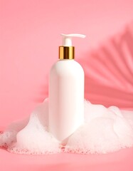 White bottle of lotion in pink foam