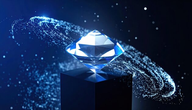 Sparkling, luminous diamond rests atop a dark cubic pedestal, surrounded by a swirling vortex of glowing particles against a deep blue and black backdrop creating a captivating and luxurious...