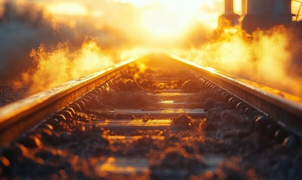 Sunset glowing warmly over railway tracks with steam rising and rails reflecting golden light, creating a dramatic and atmospheric scene