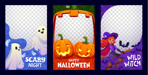 Fototapeta premium Halloween photo frames and social media post templates with transparent space decorated by cartoon ghosts, glowing jack o lantern pumpkins and flying witch with bats. Halloween holiday vector frames