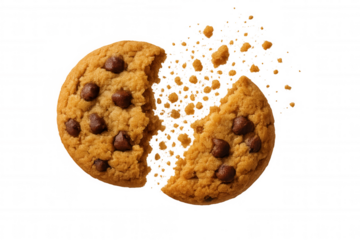 Chocolate chip cookie breaking apart with crumbs, sweet baked snack dessert, transparent background