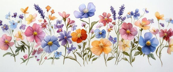 Delicate watercolor painting of various colorful wildflowers including pink, blue, orange, and purple flowers on green stems with soft leaves