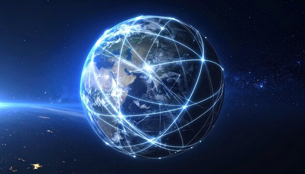 Illuminated representation of Earth with interconnected glowing lines depicting global communication and networks, set against a backdrop of stars and space, symbolizing worldwide connectivity and...