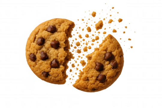Chocolate chip cookie breaking apart with crumbs, sweet baked snack dessert, transparent background