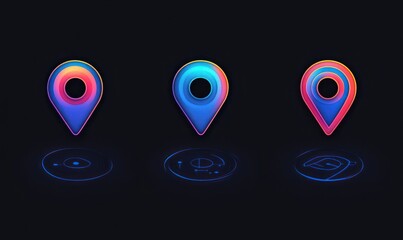 Three colorful glowing map pin icons with futuristic holographic circular interface projections on a black background representing location markers