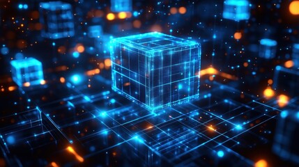 Glowing neon blue cubes interconnected with bright orange lights in a digital futuristic grid environment, representing advanced technology and data networks