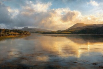 Fototapeta premium calm lake reflecting golden sunset light with distant rolling hills and cloudy sky creating a peaceful and serene atmosphere