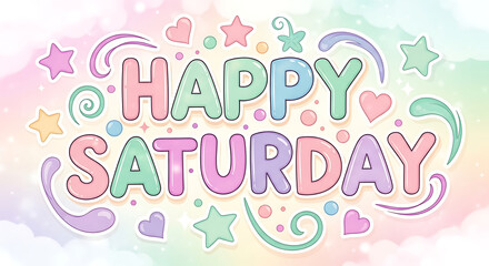 Colorful "Happy Saturday" text art with stars, hearts, and swirls on a pastel watercolor background.