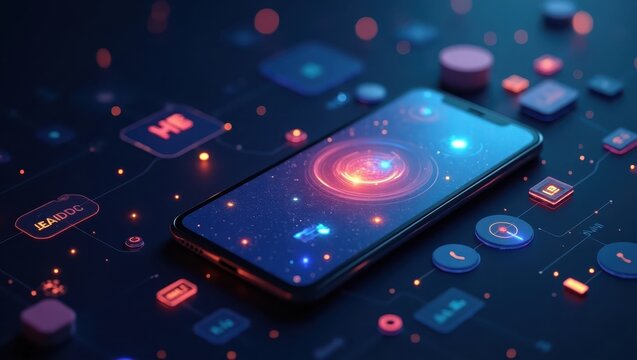 Modern smartphone illuminated by futuristic digital interface components, glowing with neon blue, orange, and red lights against a dark background that suggests connectivity and data processing.