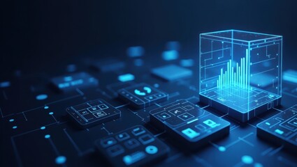 Digitally rendered illustration showcases a glowing blue data visualization within a transparent cube, surrounded by multiple glowing screens and other related digital interfaces.