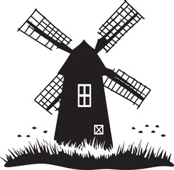 Rustic Windmill Silhouette with Grass and Flying Birds