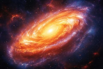 Obraz premium Bright glowing spiral galaxy with fiery orange core surrounded by blue and purple cosmic dust and stars in deep space