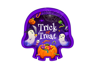 Fototapeta premium Halloween paper cut skull silhouette with cute ghosts, pumpkin bucket and candy lollipops. Vector candy gummy worms, lantern and spider cobweb for trick or treat Halloween holiday in paper cut banner