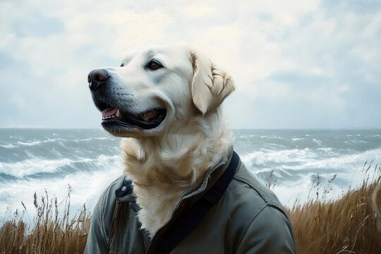 golden retriever dog wearing a jacket standing near tall grass with ocean waves in the background under cloudy sky, evoking a sense of calm and contemplation