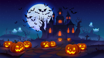 Fototapeta premium Cartoon Halloween landscape of dark haunted house surrounded by glowing pumpkins, stone path, haunted forest and flying bats. Halloween holiday vector landscape and creepy pumpkin lanterns on cemetery