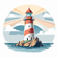Coastal lighthouse on rocky outcrop with sunset sky