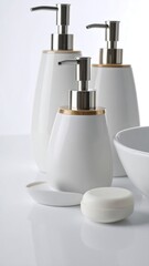 White ceramic soap dispensers and soap bar on a countertop