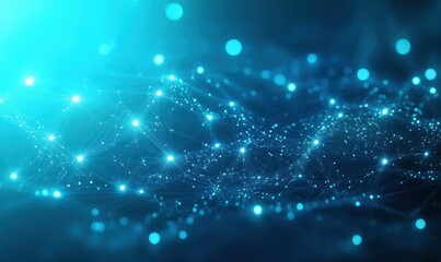 Abstract digital network of interconnected glowing blue nodes and lines on a dark gradient background creating a sense of connectivity and technology