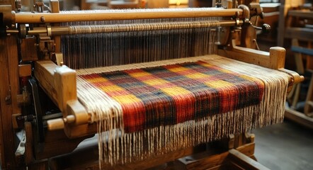 Close-up of a traditional wooden loom weaving a colorful plaid fabric with warm tones in a cozy indoor setting