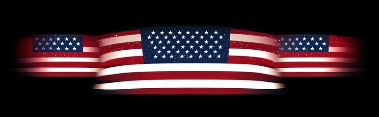 Naklejka premium Three blurred and moving representations of the United States flag with stars and stripes floating on a black background evoking motion and patriotism
