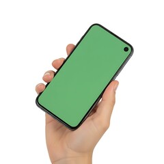 Hand Holding Modern Smartphone with Greenscreen Display, Isolated on White Background