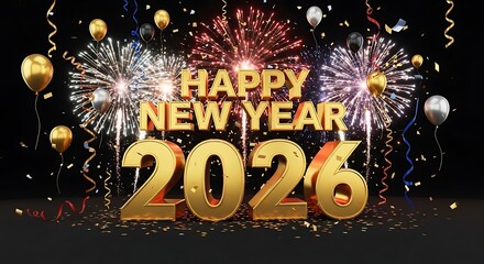 Happy New Year 2026 golden text with fireworks and balloons.