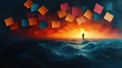 A solitary figure stands on turbulent waves beneath a fiery orange and red sky with colorful abstract squares floating above, evoking a mood of contemplation and surrealism
