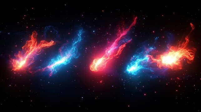 Bright colorful fiery comets or energy streaks glowing in deep space against a dark starry background, emitting blue and red flames with dynamic motion